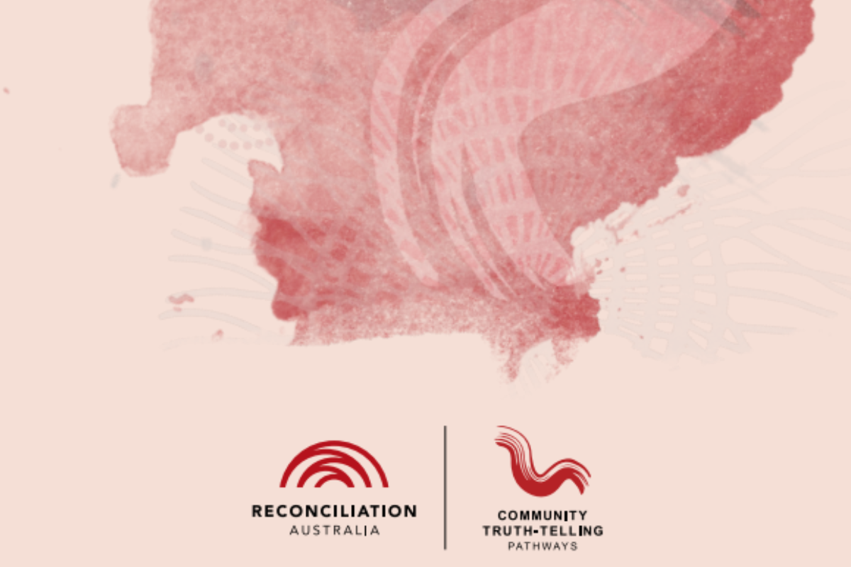 Abstract artwork with Reconciliation Australia and Community Truth-telling Pathways logos on a soft red background.